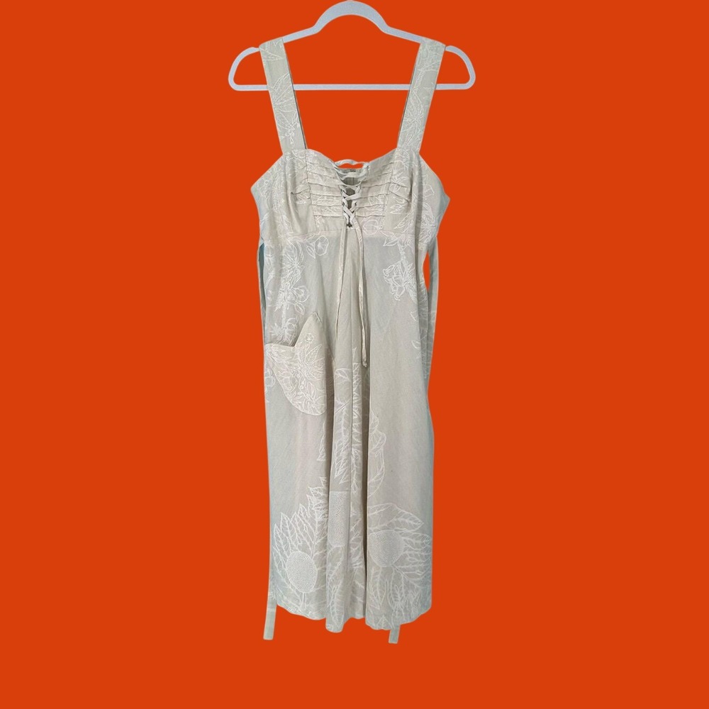 Sleeveless Lace-Up Cream Floral Midi Dress